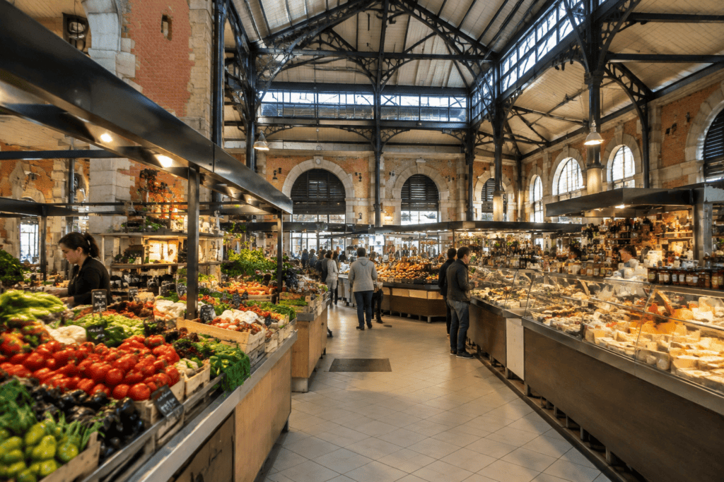 Des étals de fruits, légumes et produits alimentaires bordent une allée dans une halle aux murs de brique et de pierre.