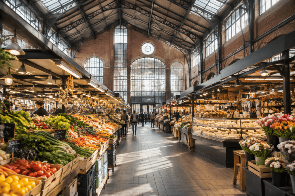 Allée centrale bordée d’étals de produits frais dans une halle couverte aux murs de brique, sous une charpente métallique et de grandes fenêtres cintr