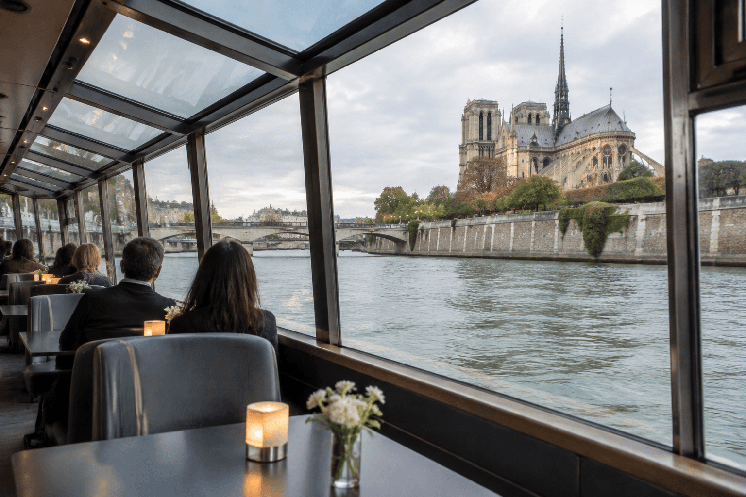 Passagers assis dans un bateau vitré sur la Seine, avec Notre-Dame visible à travers les fenêtres.