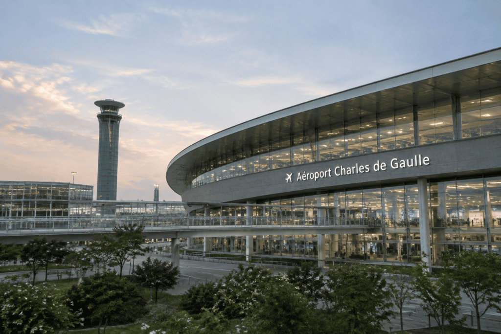 Façade vitrée de l’aéroport Charles-de-Gaulle avec sa tour de contrôle.