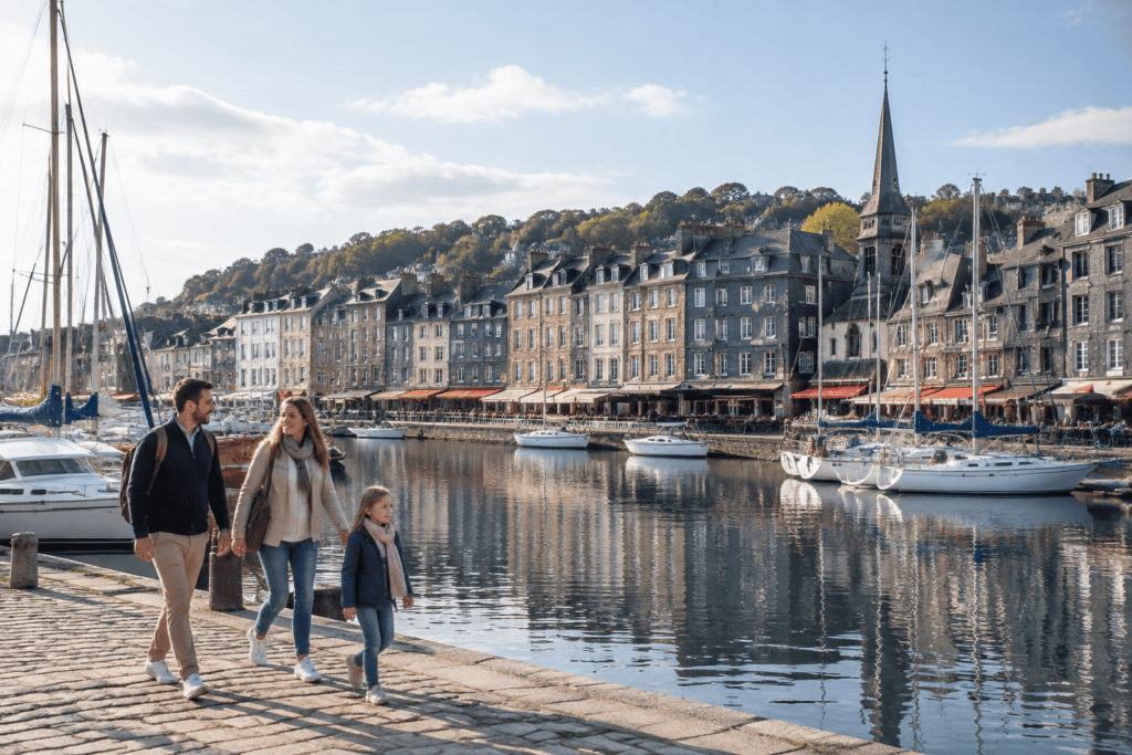 Des voiliers sont amarrés devant les maisons du Vieux Bassin de Honfleur, tandis qu’une famille marche sur le quai.