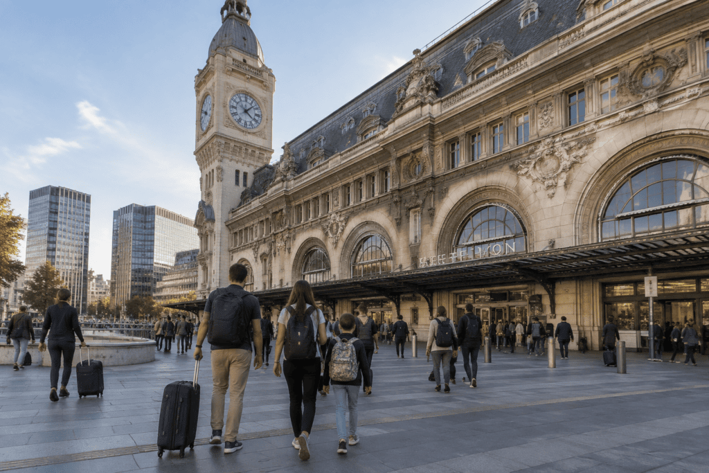 Façade de la Gare de Lyon et tour-horloge Voyageurs traversant le parvis devant la façade de la Gare de Lyon et sa tour-horloge.