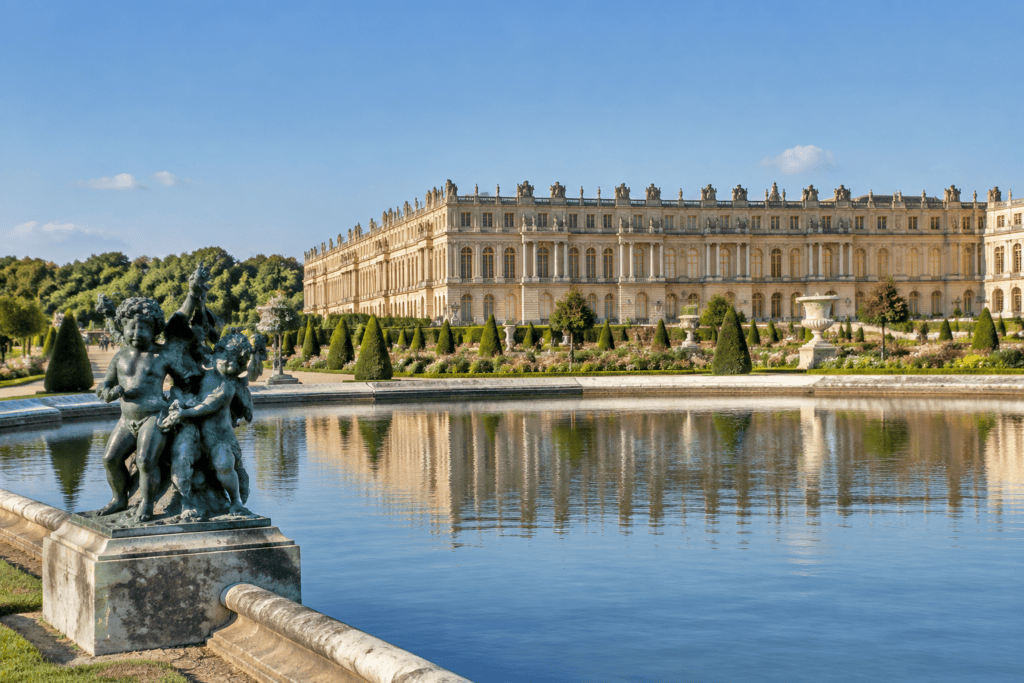 Le château de Versailles et ses jardins La façade du château de Versailles se reflète dans un bassin bordé de sculptures et de haies taillées.
