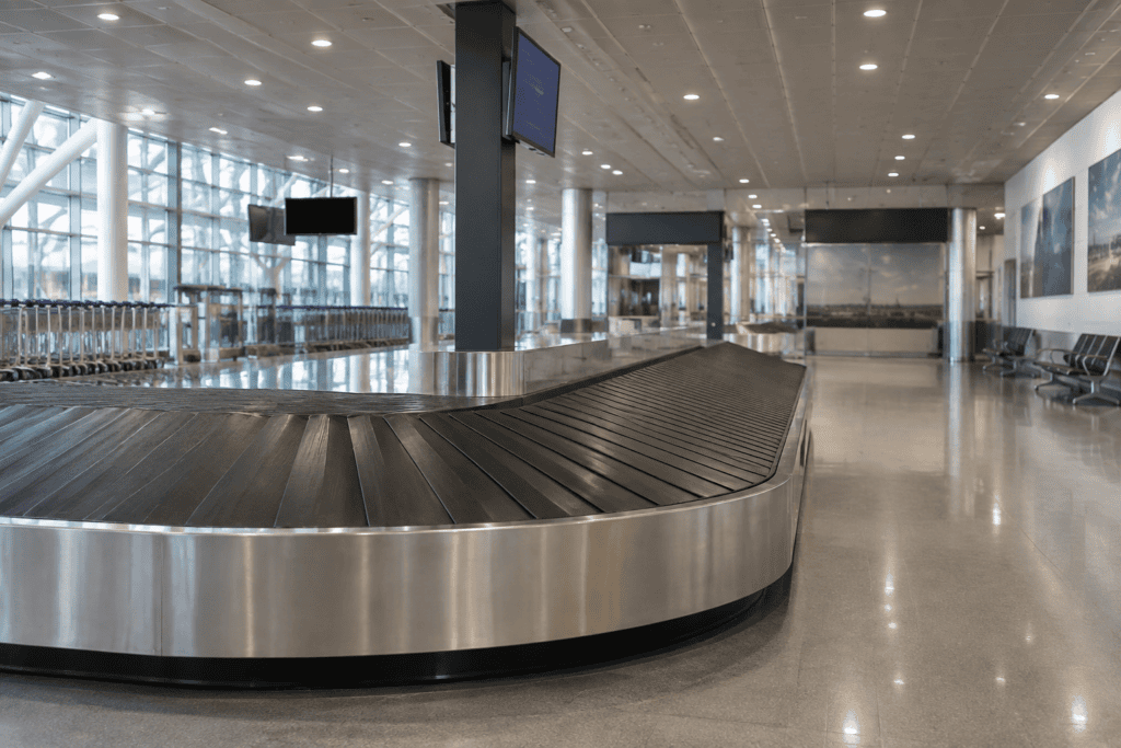 Un tapis à bagages dans un hall d’aéroport, avec des sièges et des chariots à l’arrière-plan.