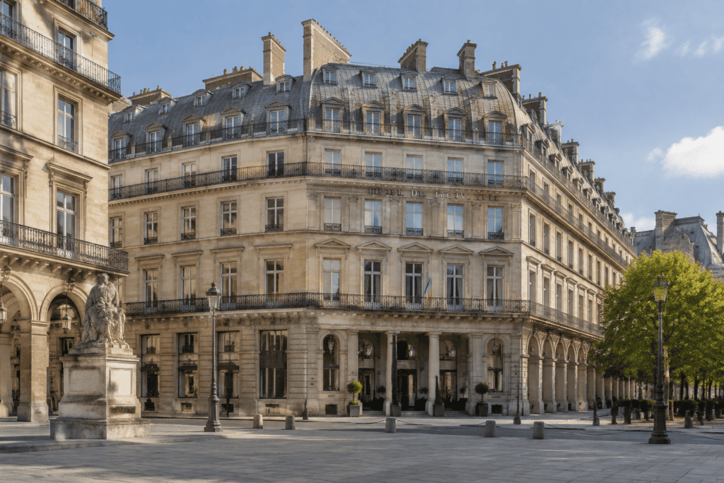 Façade de l’Hôtel du Louvre à Paris Façade en pierre de l’Hôtel du Louvre, avec balcons en fer forgé et toiture mansardée.
