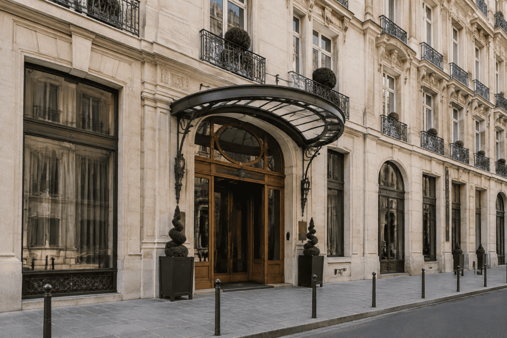 Façade en pierre claire avec une entrée vitrée sous un auvent métallique et des fenêtres en hauteur.