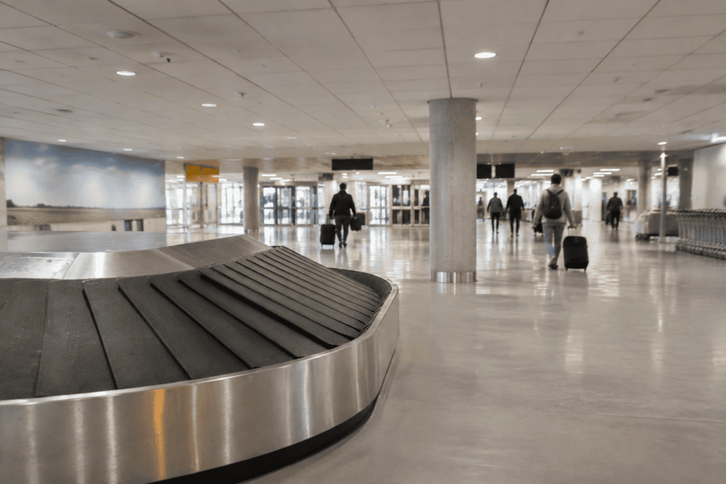 Tapis à bagages dans un hall d’aéroport, avec des voyageurs se dirigeant vers la sortie.