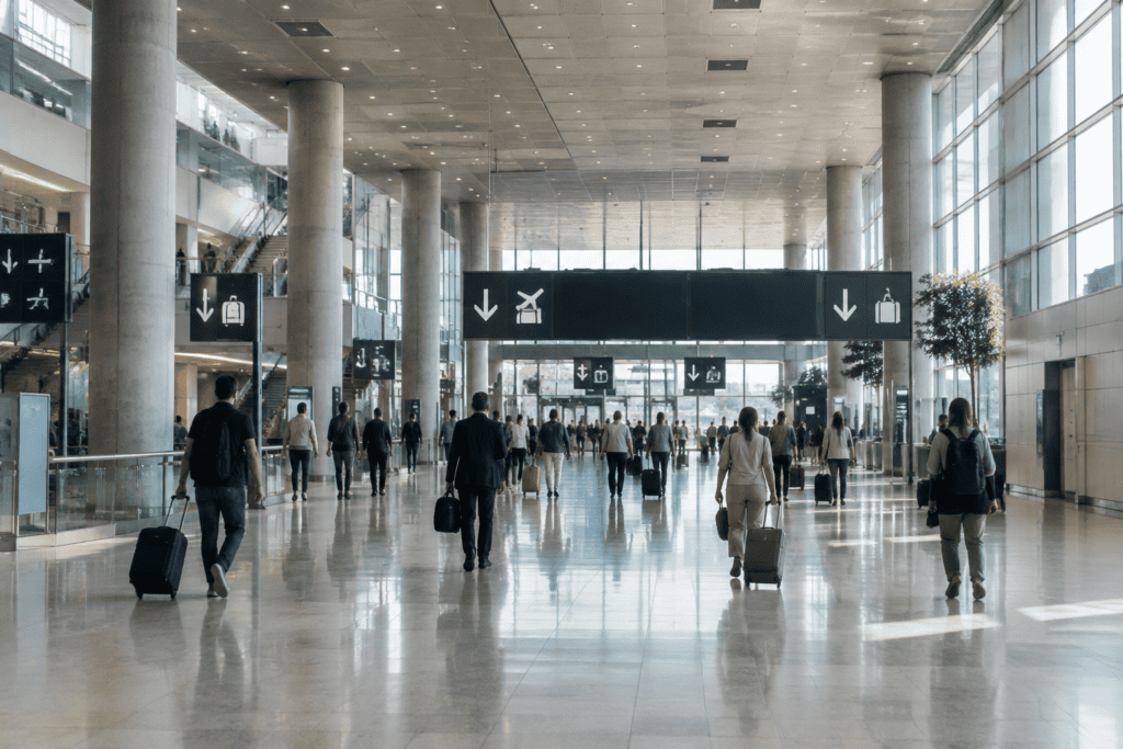 Des voyageurs avec leurs bagages traversent un vaste hall d’aéroport sous des panneaux de direction.