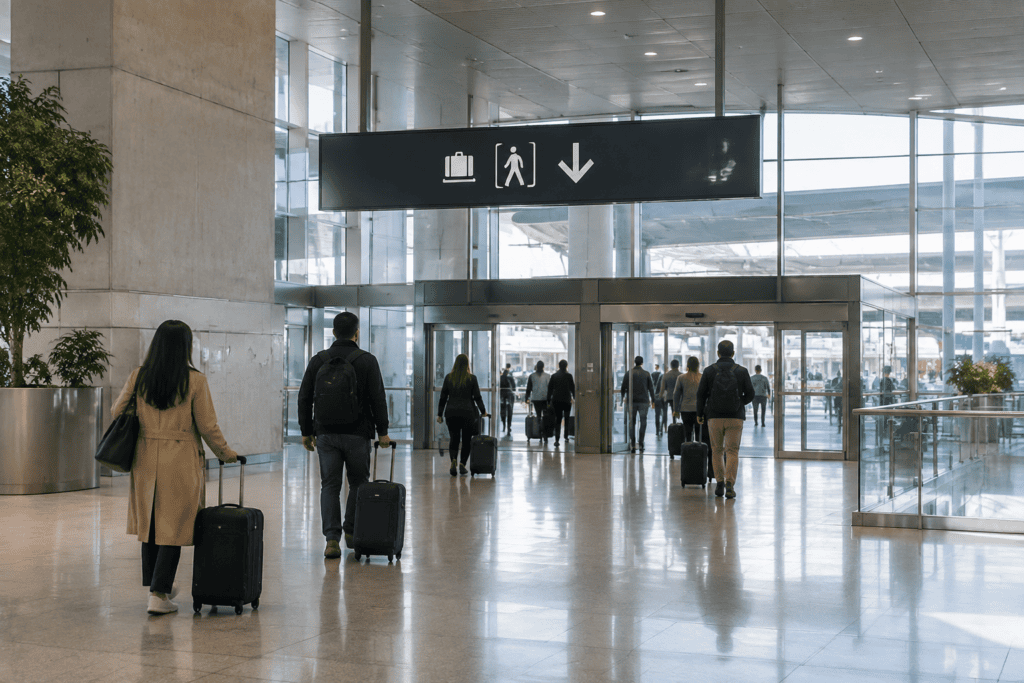 Des voyageurs tirent leurs valises vers une sortie vitrée dans un vaste terminal d’aéroport.