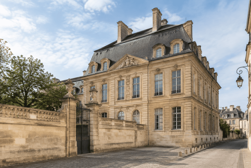 Bâtiment historique en pierre claire, derrière un mur et un portail, bordant une rue pavée.