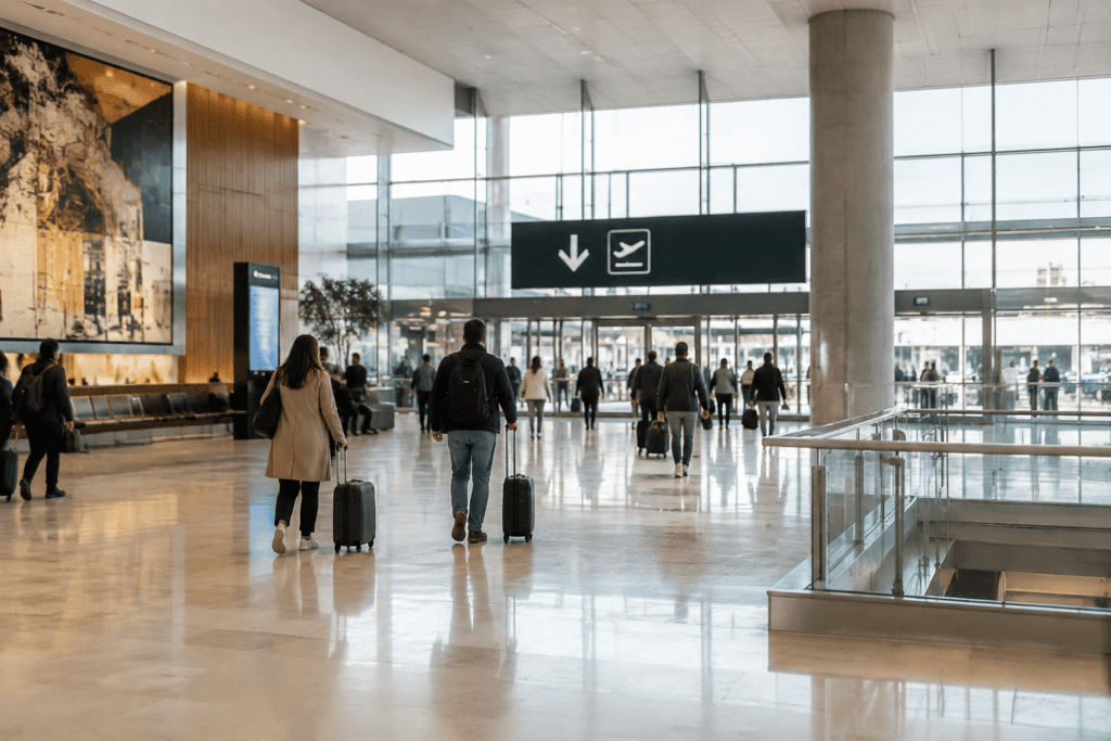 Voyageurs avec leurs bagages dans un vaste hall d’aéroport vitré, sous des panneaux à pictogrammes.
