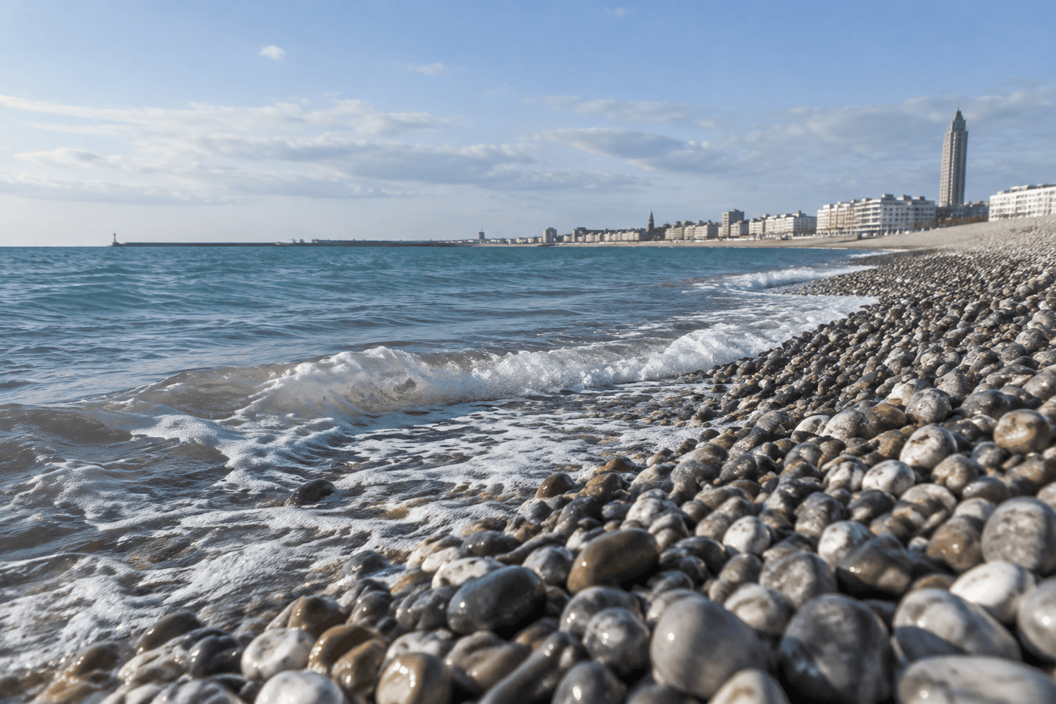 Des galets au premier plan bordent les vagues de la Manche, avec la ville du Havre visible le long du rivage au loin.