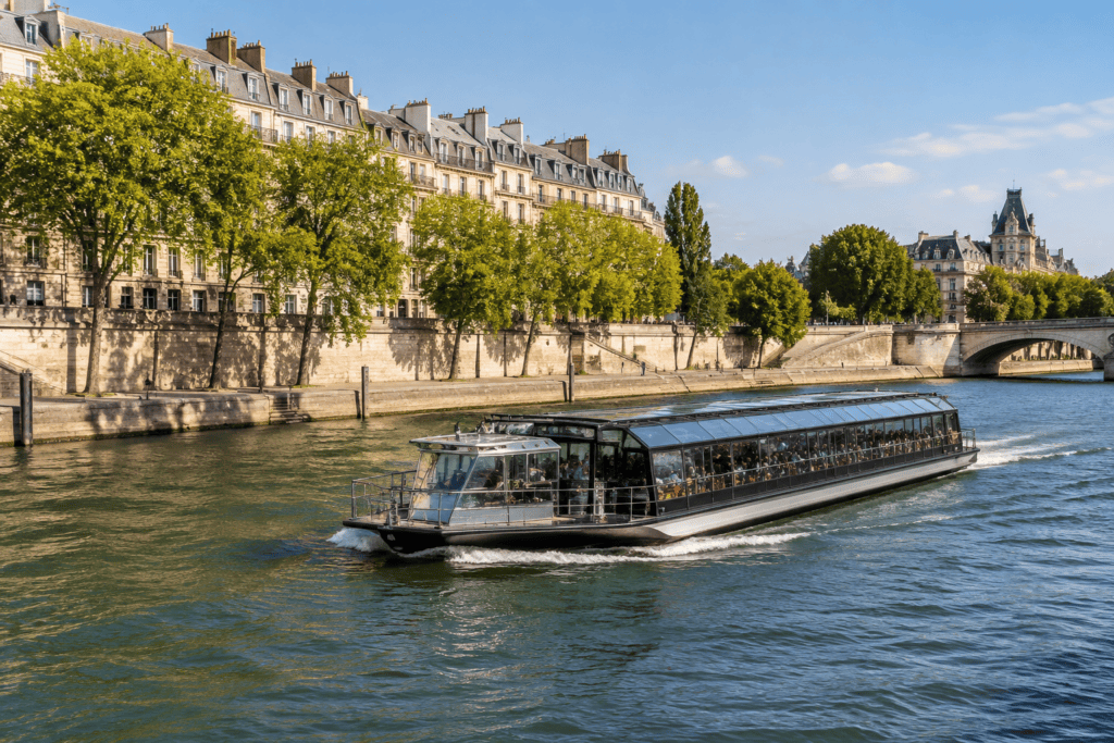 Un bateau de croisière vitré navigue sur la Seine devant des quais bordés d’arbres et d’immeubles parisiens.