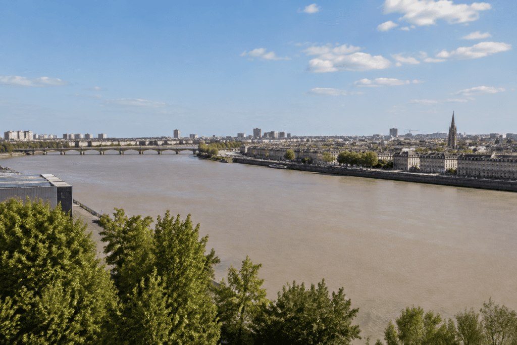 La Garonne au premier plan, avec des arbres, un pont et les bâtiments de Bordeaux à l’horizon.