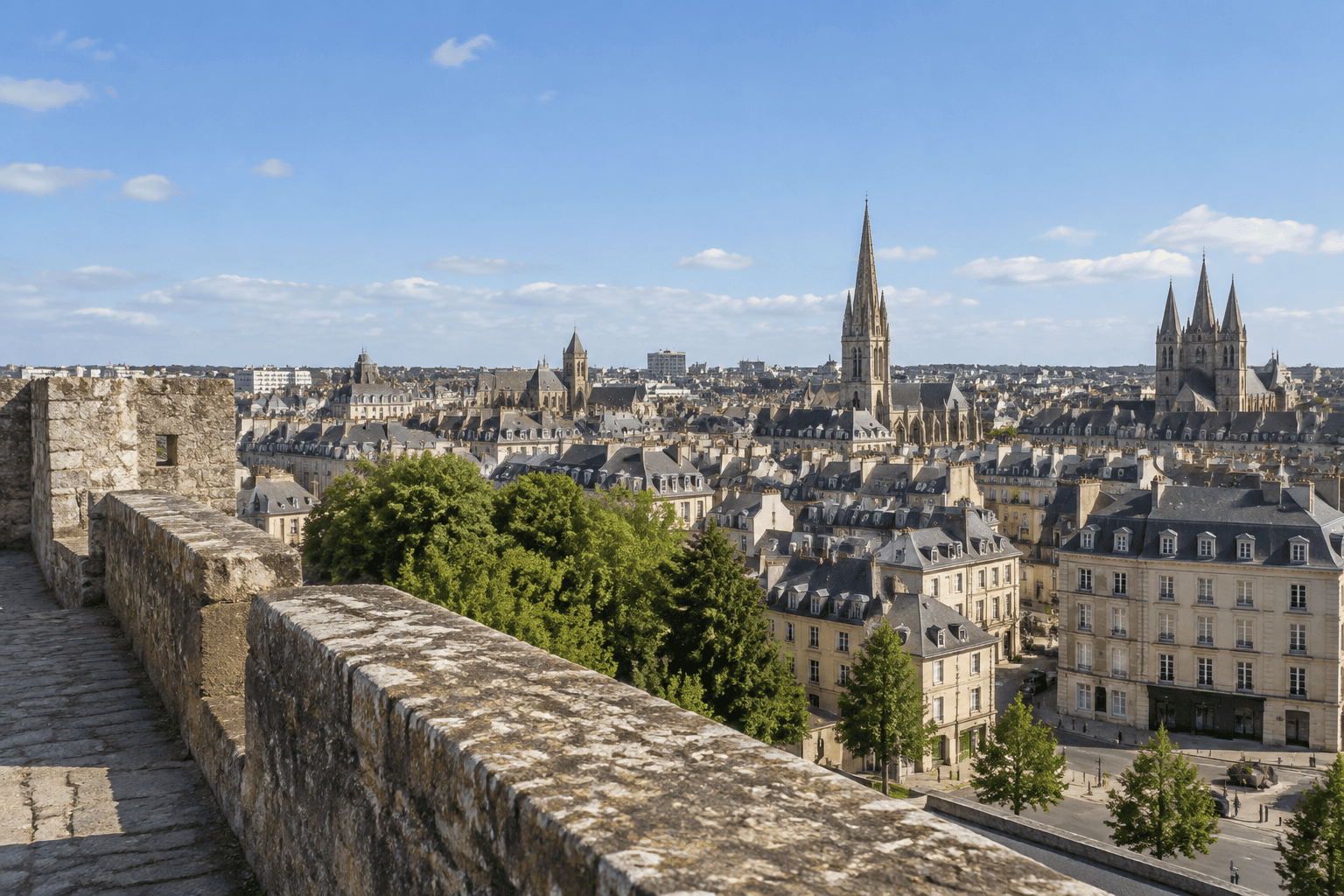Toits et clochers du centre de Caen vus au-delà d’un parapet en pierre.