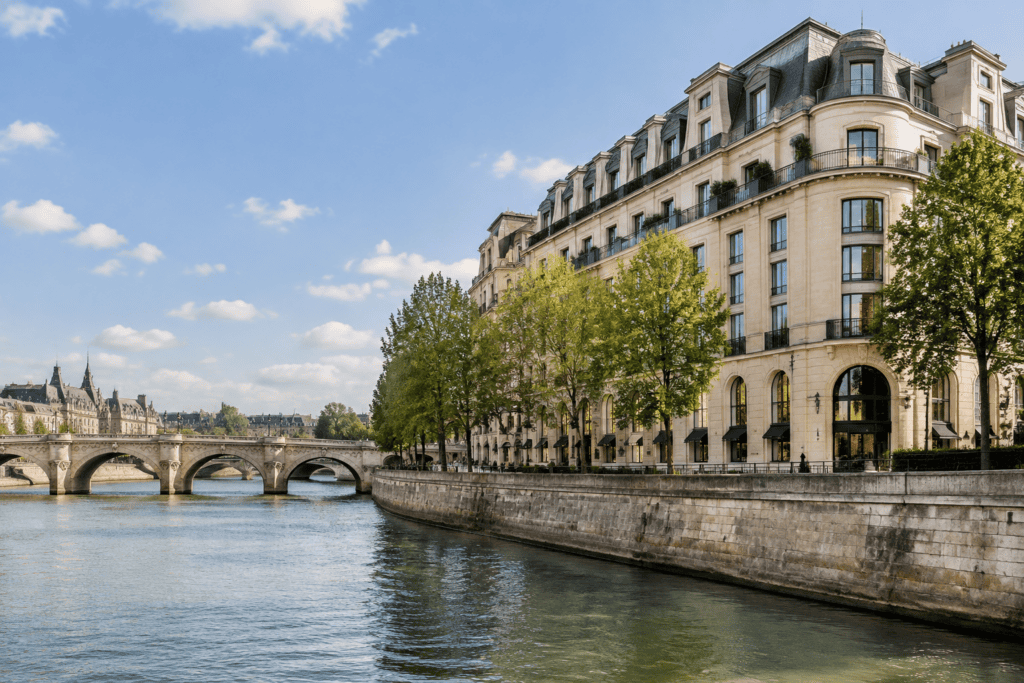 Un grand bâtiment parisien longe la Seine, près d’un pont de pierre bordé d’arbres.