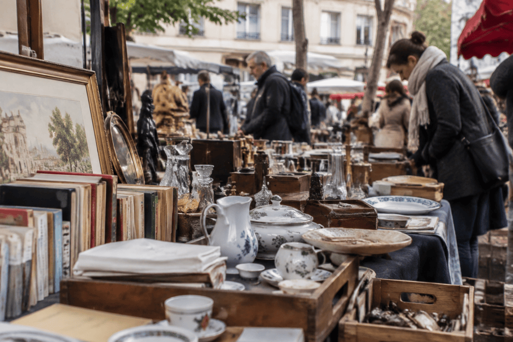 Des livres, des assiettes, des bols et des objets anciens sont disposés sur des tables de brocante, tandis que des visiteurs parcourent les étals.