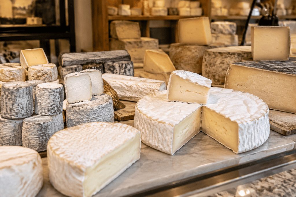 Plusieurs fromages à croûte fleurie et à pâte persillée sont présentés entiers ou coupés sur un comptoir.