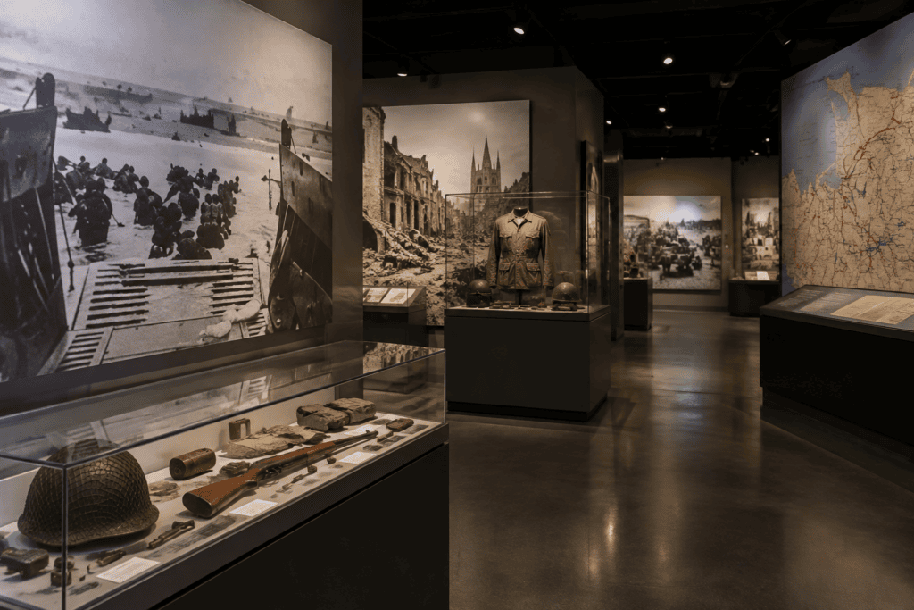 Photographies, cartes et objets militaires présentés dans une galerie de musée.