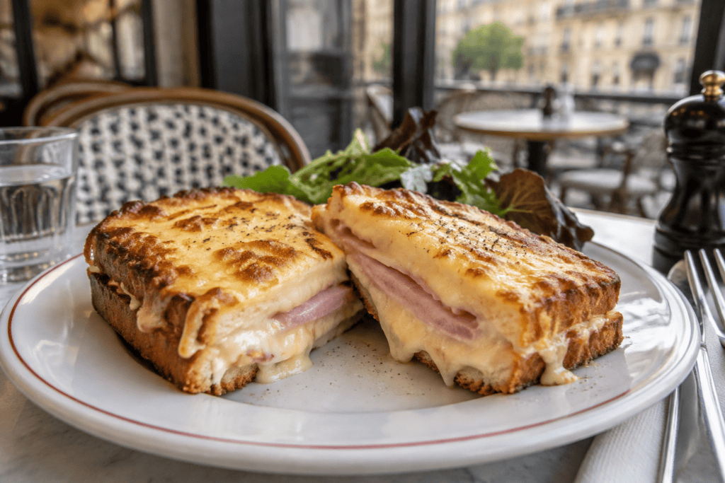Deux moitiés de croque-monsieur dorées, garnies de jambon et de fromage, sur une assiette avec quelques feuilles de salade.