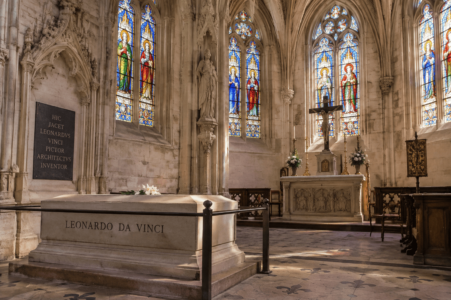 Dans la chapelle Saint-Hubert, un tombeau portant le nom de Léonard de Vinci se trouve devant des vitraux colorés et un autel.