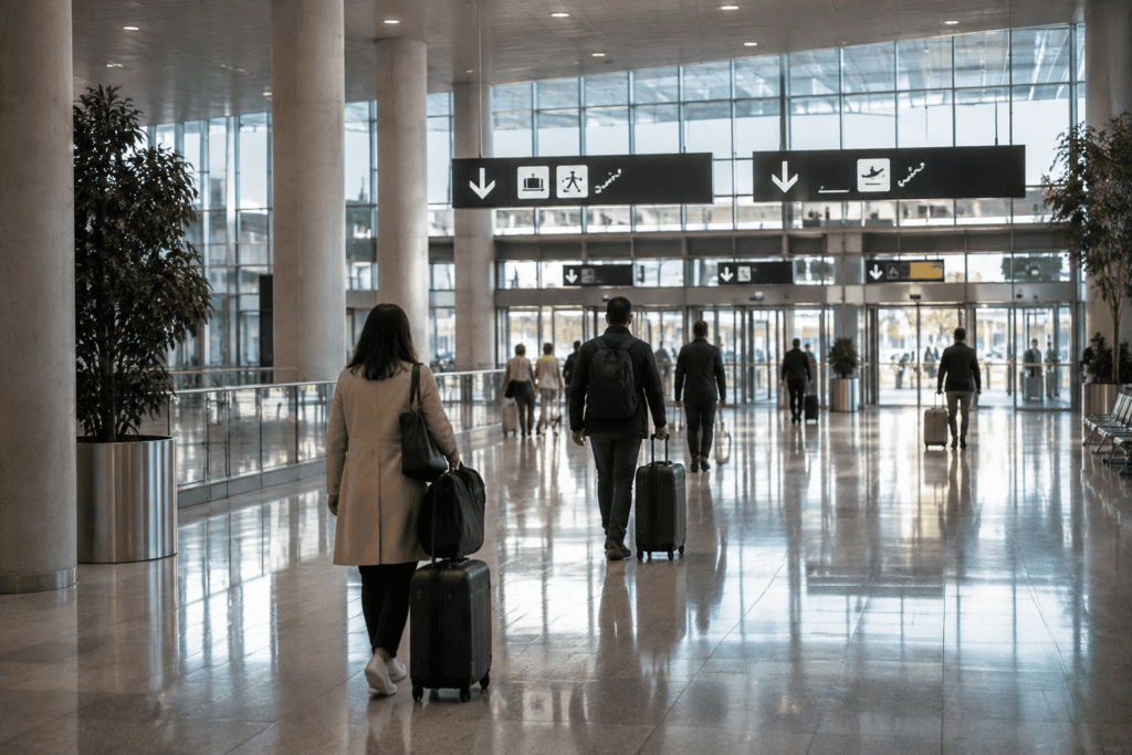 Des voyageurs avec leurs bagages traversent un vaste hall vitré sous des panneaux d’orientation.