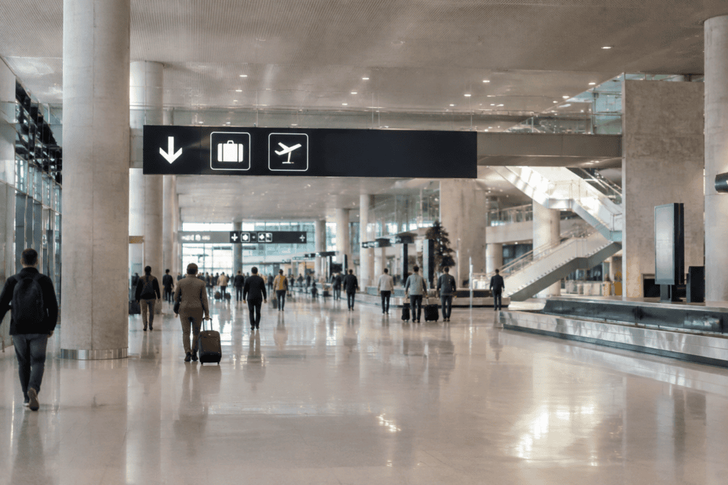 Hall intérieur spacieux avec des voyageurs et leurs bagages sous des panneaux de signalisation à pictogrammes.