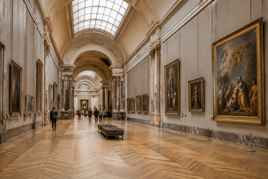 Longue galerie voûtée avec des tableaux encadrés, un banc au centre et quelques visiteurs au loin.