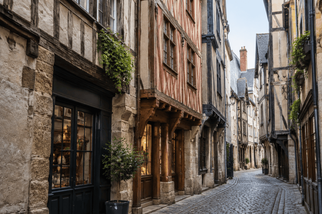 Ruelle pavée bordée de façades anciennes à pans de bois, avec des étages en encorbellement et des commerces au rez-de-chaussée.