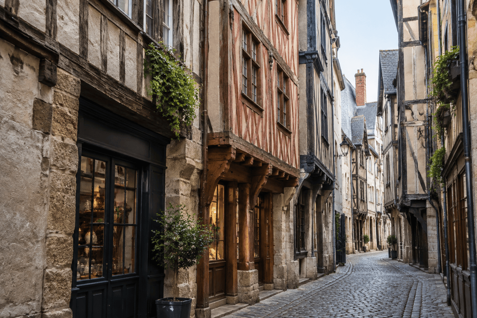 Ruelle pavée bordée de façades anciennes à pans de bois, avec des étages en encorbellement et des commerces au rez-de-chaussée.