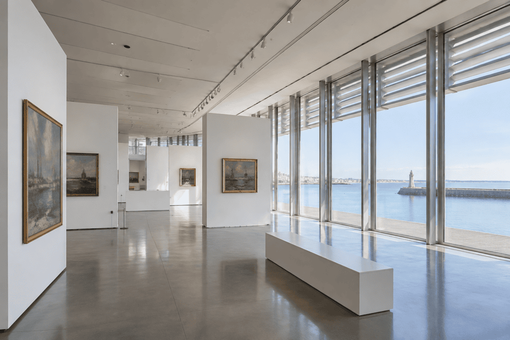Salle de galerie aux murs blancs, avec plusieurs tableaux encadrés, de grandes fenêtres et une vue sur la mer.