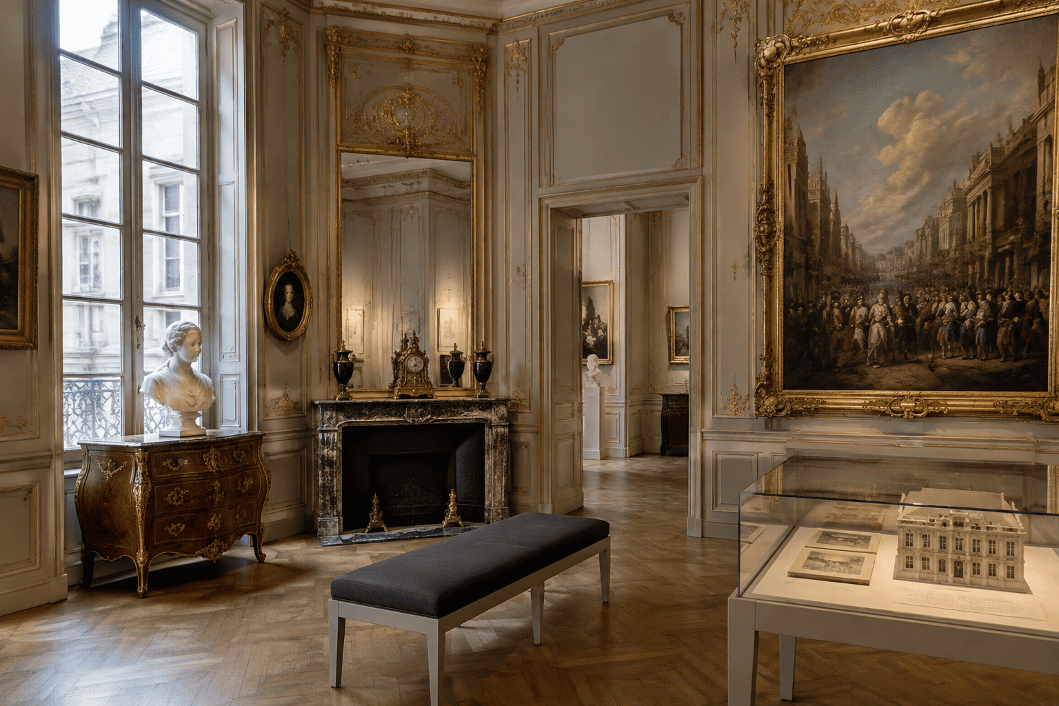 Salle ornée de boiseries et de dorures, avec cheminée, tableaux, buste et vitrine d’exposition.