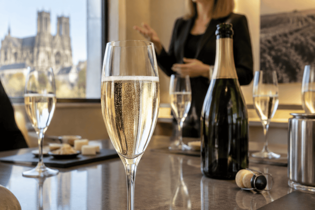 Une flûte de champagne pétillant et une bouteille sont posées parmi plusieurs verres, avec une personne en arrière-plan et la cathédrale visible par l