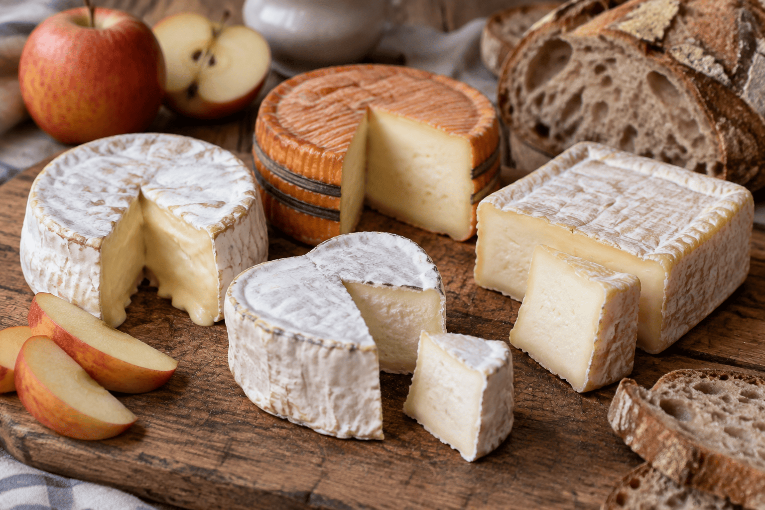 Plusieurs fromages entiers et coupés sont disposés sur une planche en bois avec du pain et des quartiers de pomme.