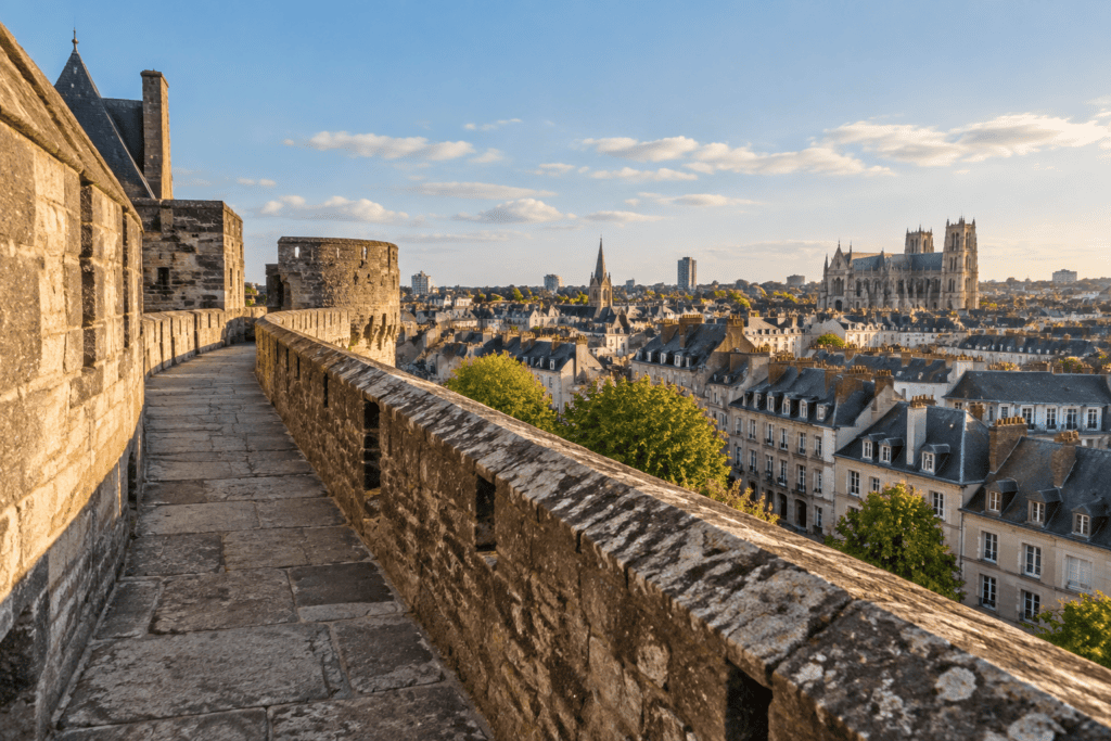 Un chemin de ronde en pierre longe les remparts du château et surplombe les toits de Nantes, avec la cathédrale à l’horizon.