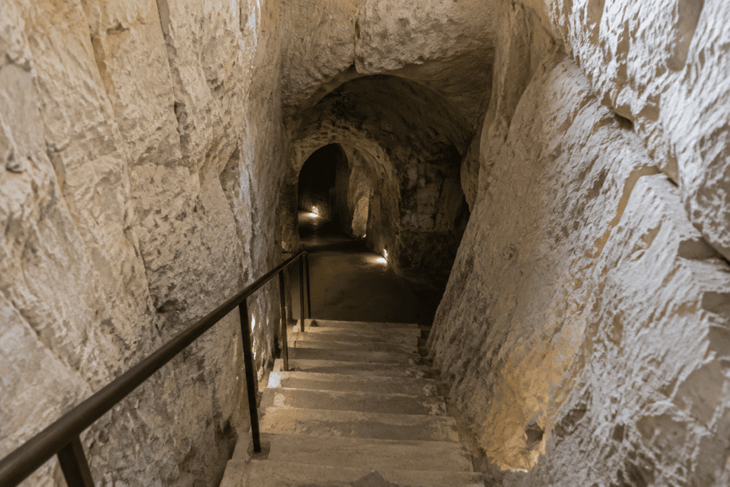 Marches en pierre descendant entre des parois de craie vers une galerie souterraine éclairée par quelques lumières.
