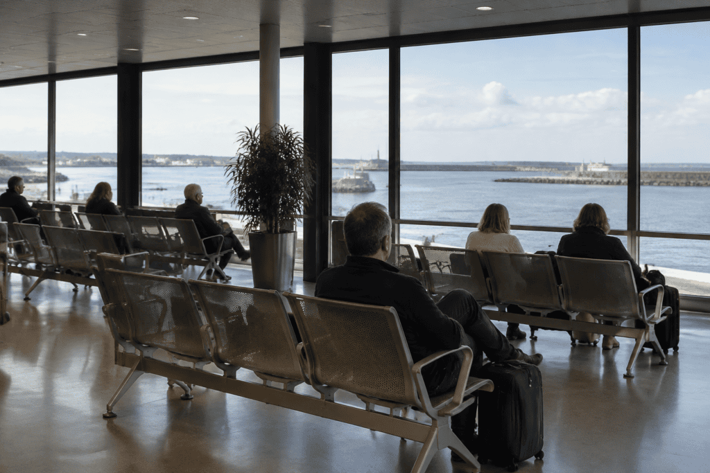 Des voyageurs assis sur des rangées de sièges devant de grandes fenêtres donnant sur un port.