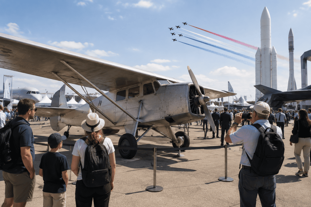 Des visiteurs observent un avion ancien exposé, tandis que des avions de voltige tracent des fumées colorées dans le ciel.
