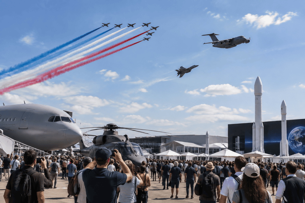 Des visiteurs observent plusieurs aéronefs en vol au-dessus d’un espace d’exposition où sont présentés des avions et des éléments liés au spatial.