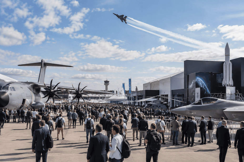 Des visiteurs parcourent un salon aéronautique entre des avions exposés et des pavillons, tandis qu’un appareil passe dans le ciel.