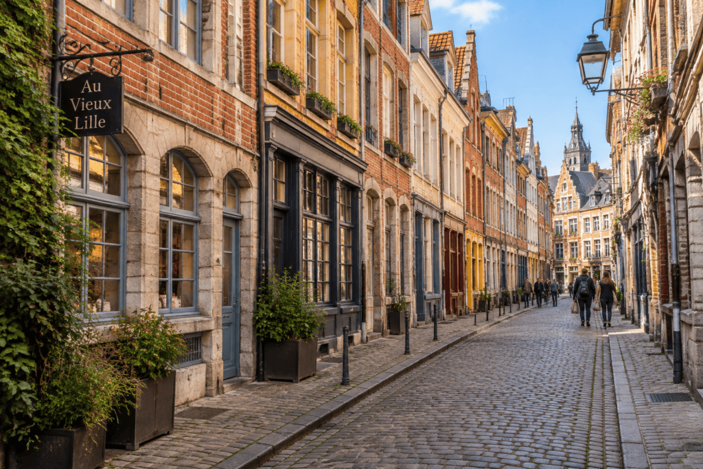 Rue pavée bordée de façades en brique et pierre dans le Vieux-Lille, avec quelques passants et une enseigne suspendue.