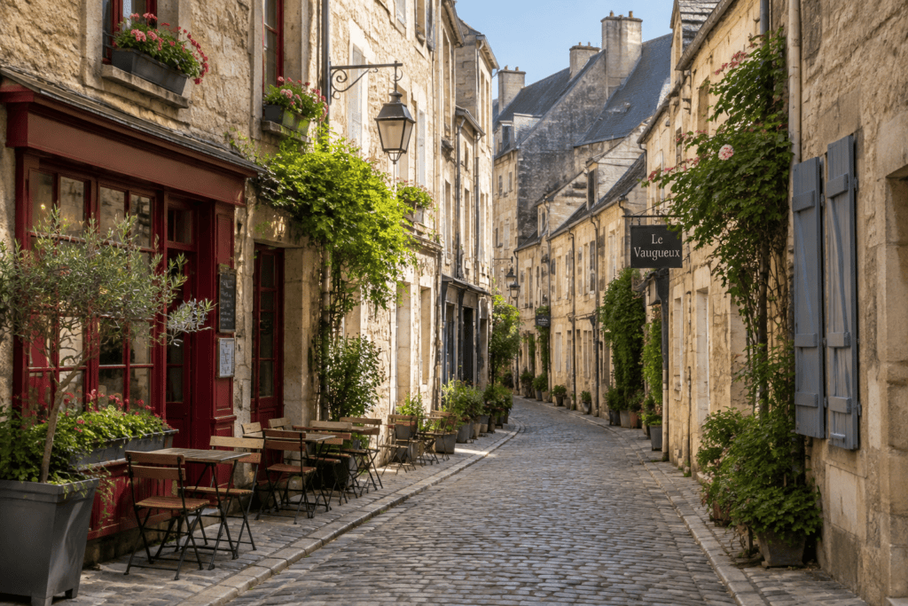 Ruelle pavée bordée de maisons anciennes, de volets et de façades végétalisées dans le Vaugueux.