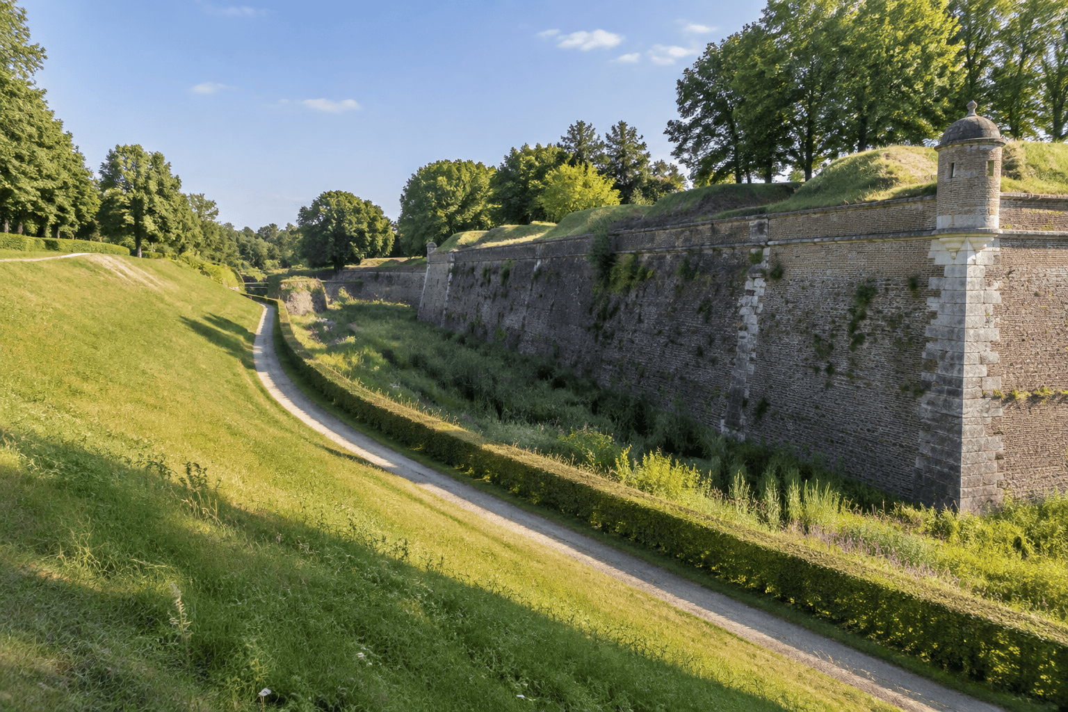Un chemin longe un glacis herbeux et un fossé végétalisé au pied d’un long rempart en pierre, avec une petite tourelle à l’extrémité.