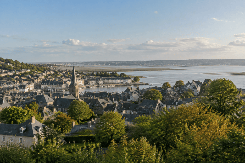 Vue élevée sur les toits de Honfleur, un clocher et l’estuaire de la Seine au loin.
