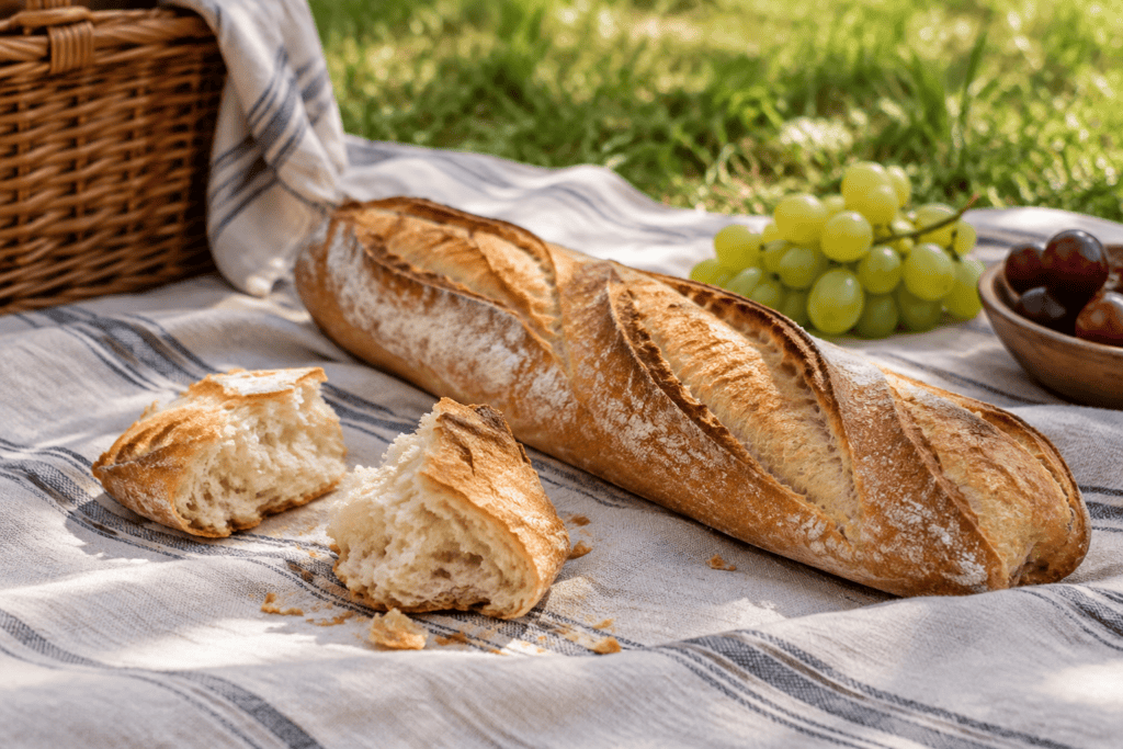 Baguette dorée et morceaux de pain posés sur une nappe, avec des raisins à côté.