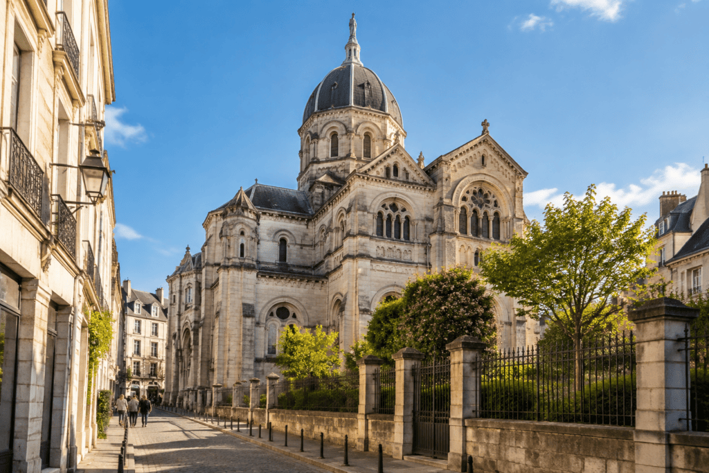 Basilique en pierre avec une grande coupole sombre, derrière une grille et des arbres, au bord d’une rue bordée d’immeubles.