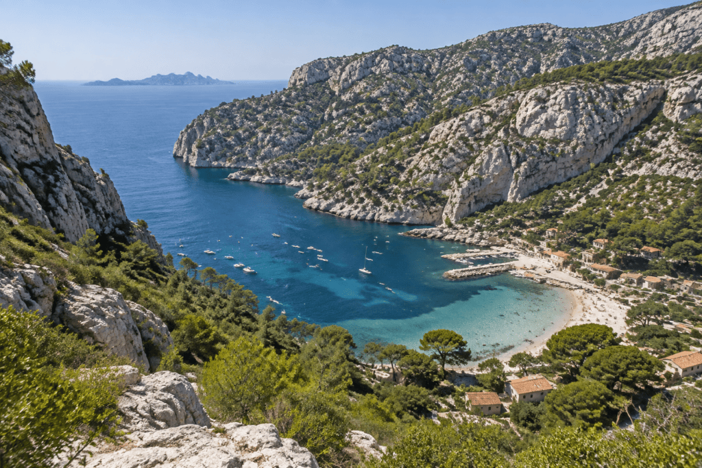 Vue plongeante sur une anse bordée de falaises calcaires, avec plage, bateaux et cabanons au bord de l’eau.