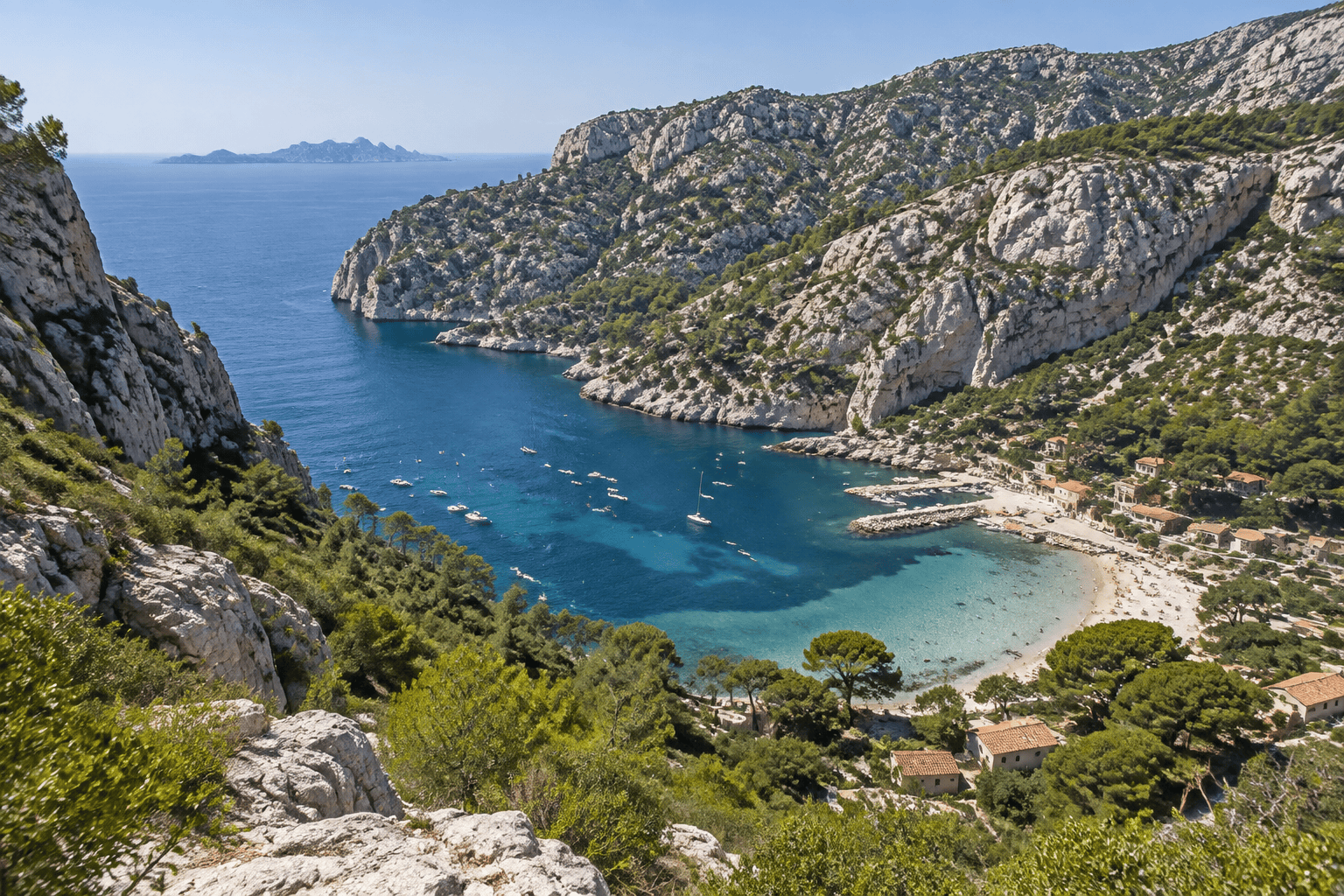 Vue plongeante sur une anse bordée de falaises calcaires, avec plage, bateaux et cabanons au bord de l’eau.