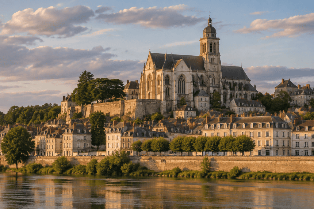 La cathédrale Saint-Louis s’élève au-dessus des maisons de Blois, avec la Loire au premier plan.