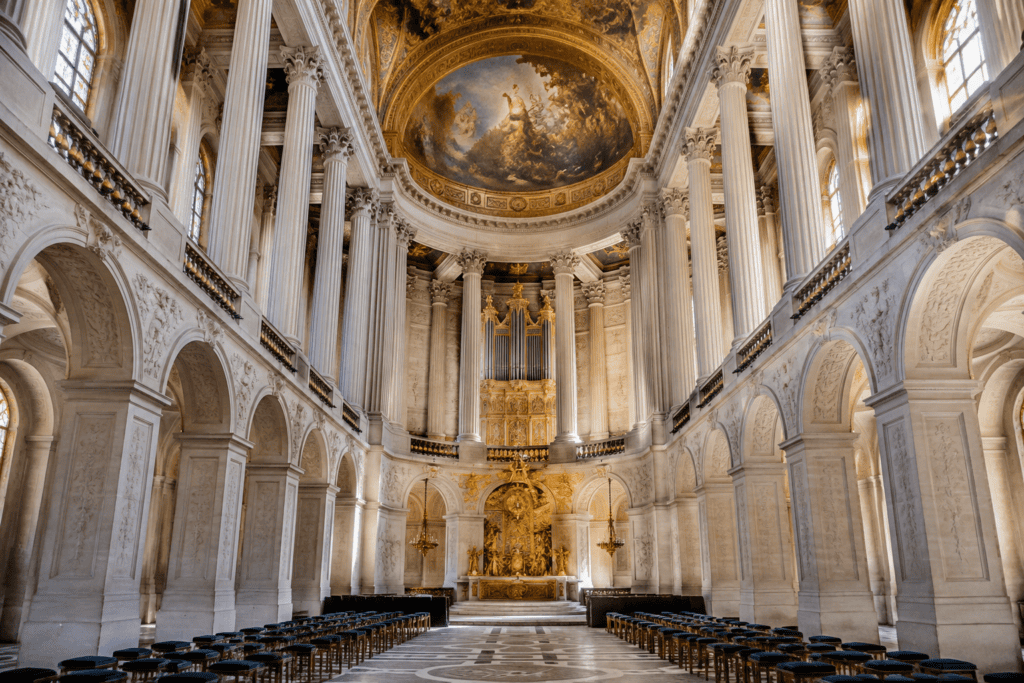 Vue intérieure de la chapelle, avec ses colonnes hautes, ses tribunes, sa voûte peinte et l’autel au fond.